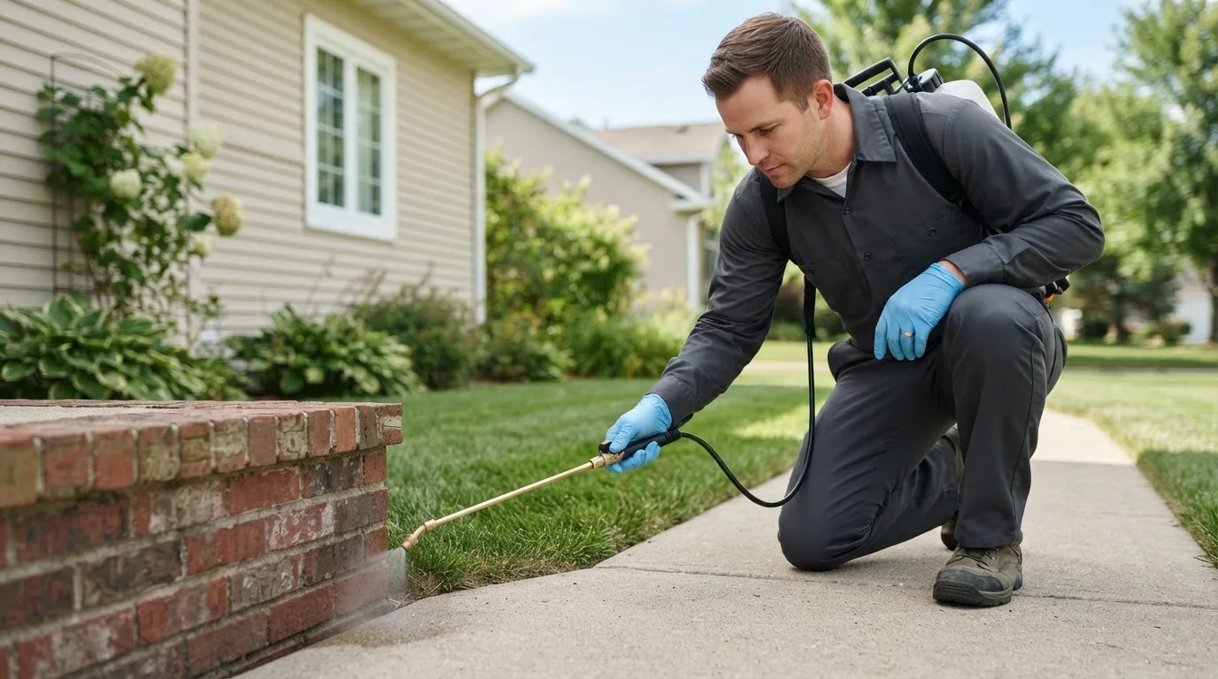 Pest control technician treating a home near Valentines, VA